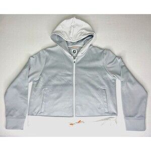 Women's FootJoy‎ Full Zip Jersey Cropped Fleece Woven Trim Hoodie - Gray/White L
